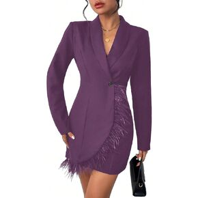 WDIRARA Women's Fuzzy Trim Wrap Button Front Long Sleeve Shawl Collar Blazer Dress