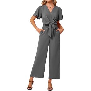 JASAMBAC Women's 2024 Summer Wide Leg Jumpsuits Casual Dressy One Piece Outfits V Neck High Waist Linen Romper with Pockets