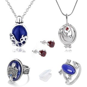 5 pcs Damon's Ring Opening Vervain Locket Pendant Necklace and Daywalking Katherine Necklace Pendant Charm Necklace-Royal Blue Diamond Stud Earrings