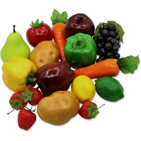 18Pcs Fake Fruits Vegetables Realistic Artificial Frutis Foam Decoration Faux fruit Lifelike Simulation Vegetable for Home Kitchen Festival Ornament Bell Peppers Strawberry Carrots Plastic Lemon