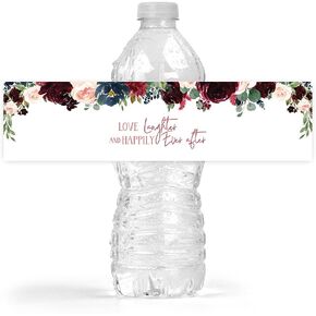 Your Main Event Prints Burgundy and Navy Floral Bottle Wraps, 25 Floral Water Bottle Labels Decoration Favors