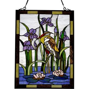 Chloe Lighting Crane Tiffany-Style Animal 24" Height Stained Glass Window Panel, Multi-Color