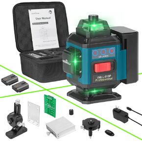 4D Compact 16 line lase level Self Leveling 4 * 360 Green Cross Line Laser for Construction,Picture Hanging,with 2 5200 mAh Type-C Rechargeable Battery, Remote Control