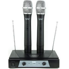Tyler TWM302 Dual Frequency RF Wireless Dual Microphone System - Low Battery LED Indicators - 100-Foot Range Karaoke Mic with 1/4" Audio Cable, Cordless Receiver and 6.3 mm to 3.5 mm Jack Converter