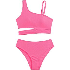 SweatyRocks Girls 2 Piece Swimsuit Set Cut Out Asymmetrical Neck Bathing Suit Set Beach Swimwear