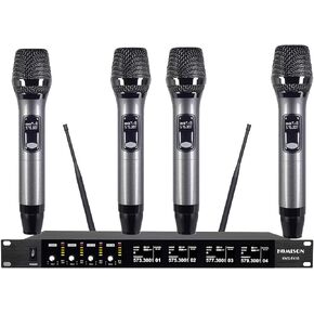 4 Wireless Microphone System 4-channel Microphones ALL Metal Wireless Mic Set,Cordless Dynamic for Singing, Karaoke, Church, DJ, 260ft Range (Gray)