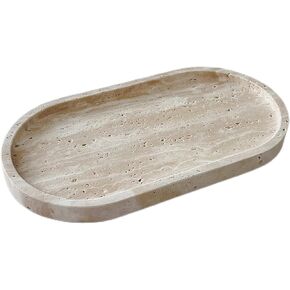 Marble Oval Handmade Tray Ornaments Vintage Tray Storage Dish for Counter,Coffee Table,Nightstand and Desk,Bathroom (Beige Travertine)
