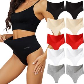 MEIDAYAI High Waisted Cotton Thongs for Women Tummy Control Underwear No Show Sexy Thongs Soft Breathable Panties 5 Pack