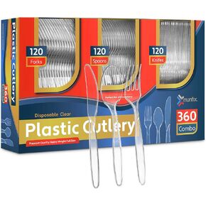 360 Count Plastic Silverware Set, 120 Clear Plastic Forks, 120 Plastic Spoons, 120 Plastic Knives, Heavy Duty BPA Free Disposable Plastic Cutlery Set, Premium Clear Utensils for Party Supplies