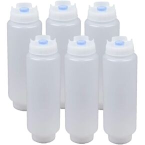 2 Set Squeeze Bottle Refillable 16 oz | Blue Tip Large Valve Dispenser for Thick Condiments, Sauces, Batter and Dressing | Self Sealing No Drip No Hassle | (6 Pack)