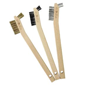 Wire Brush Set for cleaning 3Pcs Stainless Steel, Nylon, Brass; All Purpose Small Comfortable & Curved Beechwood handle for Rust, Metal, Paint, Welding, Automotive, Household Cleaning