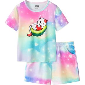 CYCHELRY Tie Dye Bunny Pajamas for Tween Girls Short Sleeve Big Kids PJS Sets Matching Clothes Size 6-16