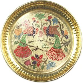 ASHIRWAD Pure Brass Nakashi Flower Peacock Design Laddu Gopal Puja Plate set Embossed Aarti Puja Meenakari Pital Thali Karwa Chauth Rakhi Diwali Hindu Rituals Pooja (6 inches P3)
