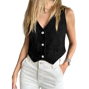 Imily Bela Womens Denim Vest Sleeveless V Neck Button Down Jean Waistcoat Jacket Y2K Summer Crop Tops