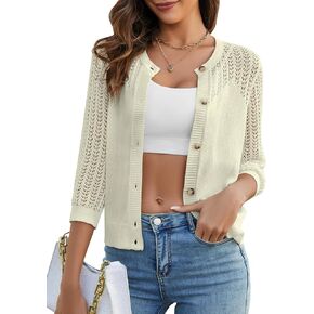 Genhoo 2024 Women's 3/4 Sleeve Cropped Cardigan Summer Lightweight Button Down Sweater Crochet Knit Bolero Shrugs