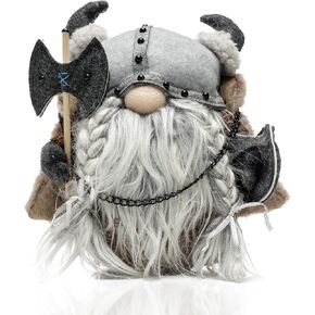 Viking Gnome Dwarf Plush Doll Holding Axe and Shield Wearing Helmet and Cloak - Medieval Swedish Warrior Decor Tomte for Tiered Tray Shelf Table Decorations