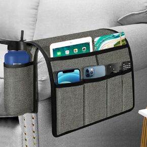 Joywell Armchair Caddy Organizer with Bottle Holder,Remote Contral Holder for Couch Recliner Armrest Organizer Sofa Arm Chair Caddie with 7 Pocket Storage for Magazine, Tablet, Phone, iPad, Grey
