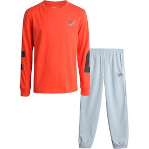 Reebok Boys' Pants Set - 2 Piece Long Sleeve T-Shirt and Woven Hybrid Tech Jogger Pants - Spring Outfit Set for Boys (8-12)