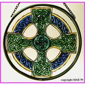 Decorative Hand Printed Stained Glass Window Sun Catcher/Roundel in a Celtic Cross Design.