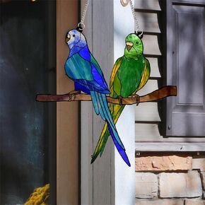 Colorful Birds Parrots Acrylic Window Hanging Decor, Irregular Stained Panel Hanging Decorative Wall Art Mural for Bedroom Garden Wall Decor Gift for Mom Grandma Teacher