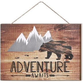 Vintage Adventure Awaits Rustic Wooden Plank Sign with Bear Mountain Shaped Grey and White Decorative Wall Sign Family Decorative Sign Inspirational Motto for Home Kitchen Living Room,10 x 7 Inch