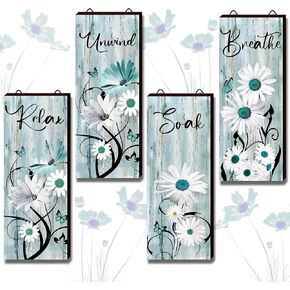 4 Pieces Teal Daisy Floral Bathroom Wood Wall Decor Teal Relax Soak Unwind Breathe Flower Wall Rustic Farm Sign Turquoise Blue Daisy Floral Butterfly Wall Art Blue Bathroom Accessories for Home