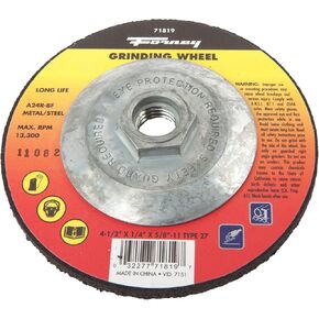 Forney 71819 Grinding Wheel with 5/8-Inch-11 Threaded Arbor, Metal Type 27, A24R-BF, 4-1/2-Inch-by-1/4-Inch