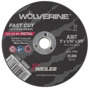 Weiler 56068 3-Inch Cutting Wheel, Wolverine AO Steel/Metal Fast Cut, Value Cutting, 1/16" A36T Type 1 3/8" Arbor