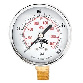 Winters 2-1/2 inch Dial Size, Multi Function Economy Utility Dry Pressure Gauge, Brass Internals, Black Steel Case, Dual Scale 0-160 psi/kPa, 3-2-3% Accuracy, 1/4 inch NPT Bottom Mount, Pressure Gauge