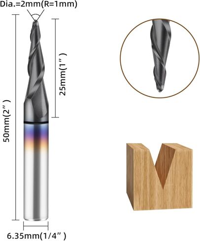 FoxAlien 1/4 "عرقوب مدبب الكرة نهاية مطحنة، 1.0mm قطع الشعاع مدبب CNC راوتر بت ل 3D الخشب نحت النجارة in Kuwait