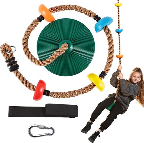 TURFEE Tree Swing for Kids - Single Disc Seat and Climbing Rope Set w/Carabiner & 4 Ft Strap - Treehouse and Outdoor Playground Accessories - Green ﻿ in Saudi Arabia