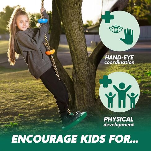 TURFEE Tree Swing for Kids - Single Disc Seat and Climbing Rope Set w/Carabiner & 4 Ft Strap - Treehouse and Outdoor Playground Accessories - Green ﻿ in Saudi Arabia