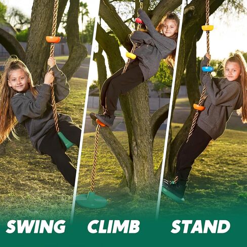 TURFEE Tree Swing for Kids - Single Disc Seat and Climbing Rope Set w/Carabiner & 4 Ft Strap - Treehouse and Outdoor Playground Accessories - Green ﻿ in Saudi Arabia