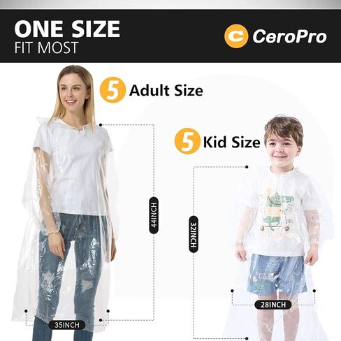 CeroPro Disposable Rain Ponchos Family Pack Emergency Waterproof Clear Ponchos with Hood Disposable Raincoat 10 Pack (5 Adult 5 Kids) in Kuwait