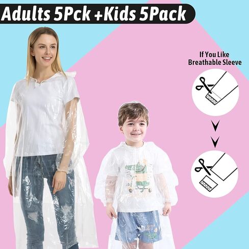 CeroPro Disposable Rain Ponchos Family Pack Emergency Waterproof Clear Ponchos with Hood Disposable Raincoat 10 Pack (5 Adult 5 Kids) in Kuwait