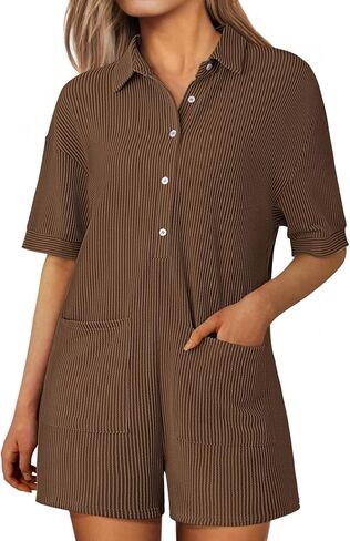 Fixmatti Women 2024 Romper V Neck Button Down Ribbed Knitted Shorts Jumpsuit with Pockets in Kuwait