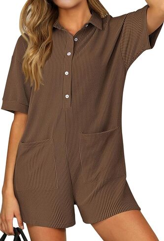 Fixmatti Women 2024 Romper V Neck Button Down Ribbed Knitted Shorts Jumpsuit with Pockets in Kuwait