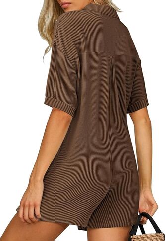 Fixmatti Women 2024 Romper V Neck Button Down Ribbed Knitted Shorts Jumpsuit with Pockets in Kuwait