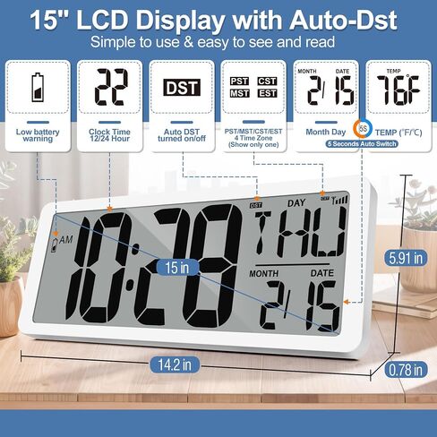 Atomic Clock 14.2" Digital Wall Clock Battery Operated Atomic Wall Clock Digital Alarm Clock with Day Date & Temperature Large Digital Wall Clock for Wall Bedroom Living Room Classroom Home Office in Saudi Arabia