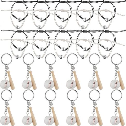 Framendino, 12 Pack Baseball Charm Bracelets Adjustable Braided Sports Wristbands and 12 Pack Mini Baseball Keychain with Wooden Bat in Kuwait