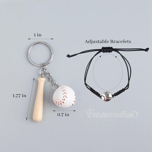 Framendino, 12 Pack Baseball Charm Bracelets Adjustable Braided Sports Wristbands and 12 Pack Mini Baseball Keychain with Wooden Bat in Kuwait