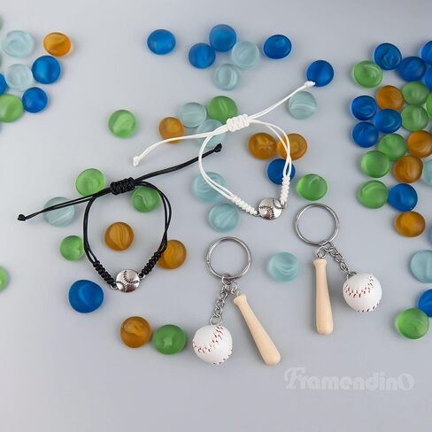 Framendino, 12 Pack Baseball Charm Bracelets Adjustable Braided Sports Wristbands and 12 Pack Mini Baseball Keychain with Wooden Bat in Kuwait