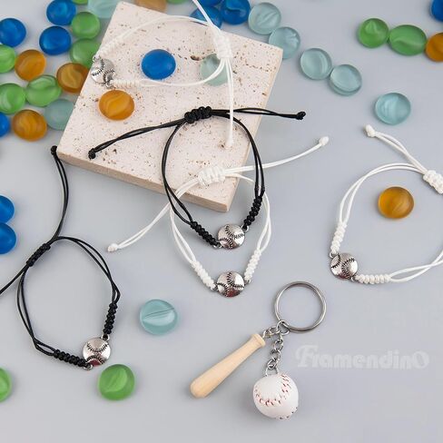 Framendino, 12 Pack Baseball Charm Bracelets Adjustable Braided Sports Wristbands and 12 Pack Mini Baseball Keychain with Wooden Bat in Kuwait
