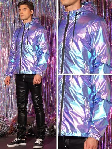 Lars Amadeus Metallic Jacket for Men's Lightweight Long Sleeves Zipper Drawstring Hooded Jackets in Saudi Arabia