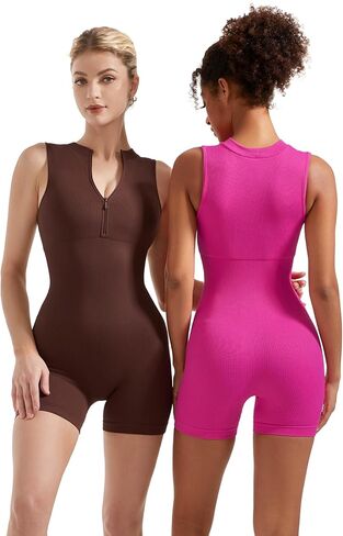 SUUKSESS Women Zip Up Sexy Rompers Ribbed Seamless Padded Workout Romper in Kuwait