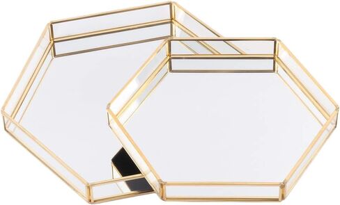 Koyal Wholesale Gold Glass Mirror Hexagonal Trays Vanity Set of 2, Decorative Mirrored Hexagon Trays for Coffee Table in Saudi Arabia