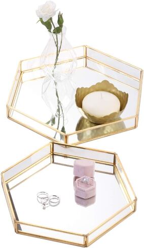 Koyal Wholesale Gold Glass Mirror Hexagonal Trays Vanity Set of 2, Decorative Mirrored Hexagon Trays for Coffee Table in Saudi Arabia