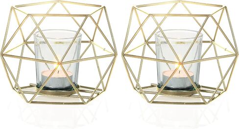 2 Pcs Gold Geometric Tealight Candle Holders with Glass Votive Cups, Wedding Reception Decor for Table Centerpiece, Metal Iron Wire Tea Light Candlestick Holder for Pillar Candles in Saudi Arabia