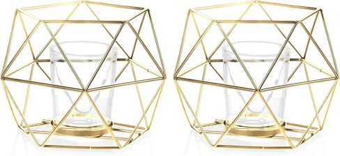 2 Pcs Gold Geometric Tealight Candle Holders with Glass Votive Cups, Wedding Reception Decor for Table Centerpiece, Metal Iron Wire Tea Light Candlestick Holder for Pillar Candles in Saudi Arabia