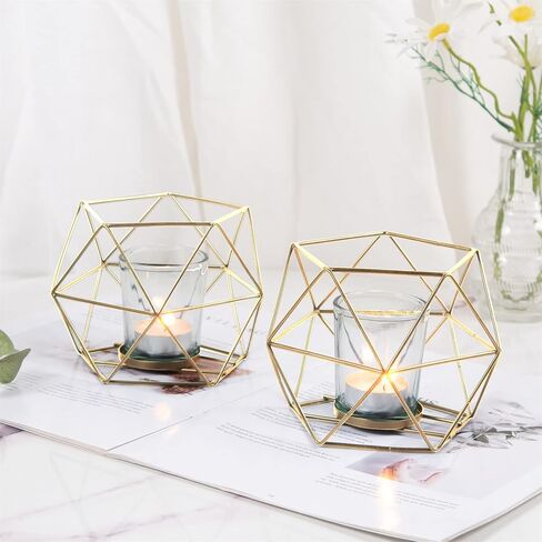 2 Pcs Gold Geometric Tealight Candle Holders with Glass Votive Cups, Wedding Reception Decor for Table Centerpiece, Metal Iron Wire Tea Light Candlestick Holder for Pillar Candles in Saudi Arabia